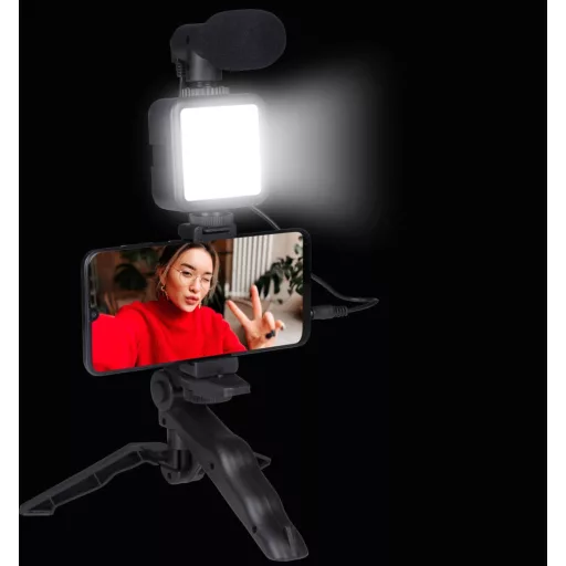 Grundig 3 az 1-ben szelfi stúdió vlogging készlet világító mikrofonnal és állvánnyal