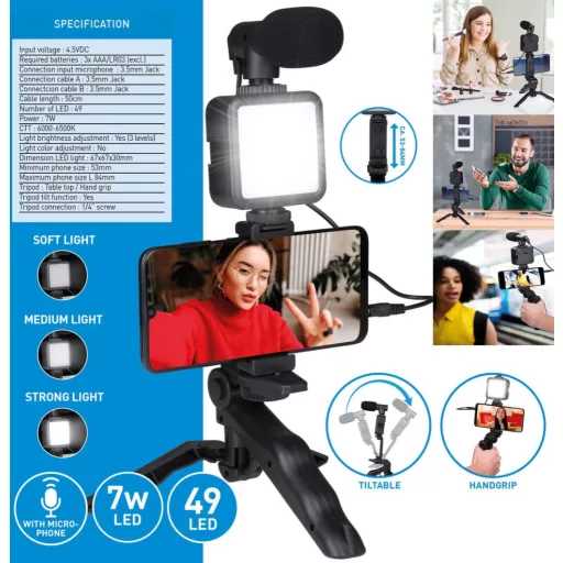 Grundig 3 az 1-ben szelfi stúdió vlogging készlet világító mikrofonnal és állvánnyal