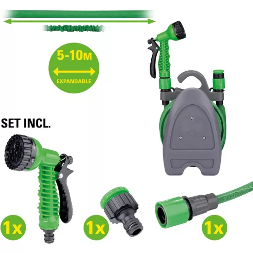 Kinzo Rugalmas Kertitömlő Tartóval és 7 Funkciós Szórópisztollyal