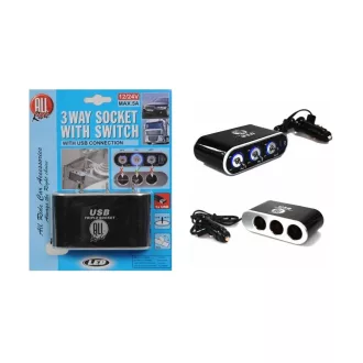   AllRide 3-as Szivargyújtó Elosztó Külön Kapcsolókkal és USB Kimenettel 12/24V
