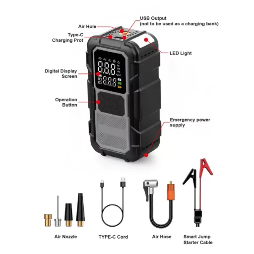 4 az 1-ben Intelligens Jumper/Starter és Kompresszor - 1000A - 8000mAh - 100W
