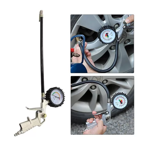 Gumiabroncs-légkompresszor, nyomáspontossággal, 30 cm-es flexibilis tömlővel