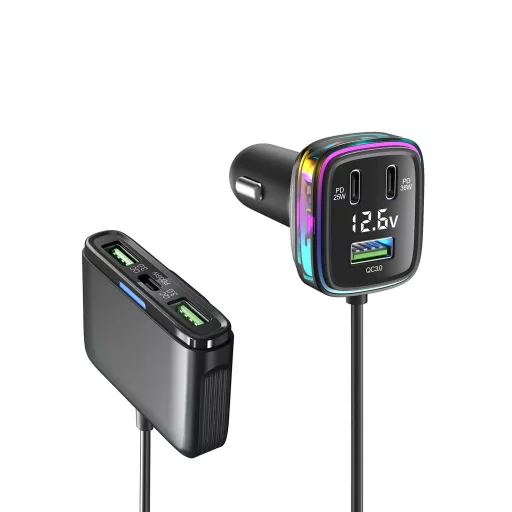GC05 6 portos USB és USB C Autós Szivargyújtós feszültségmérővel 12/24V 115W