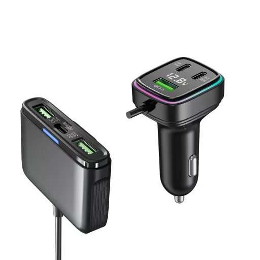 GC05 6 portos USB és USB C Autós Szivargyújtós feszültségmérővel 12/24V 115W