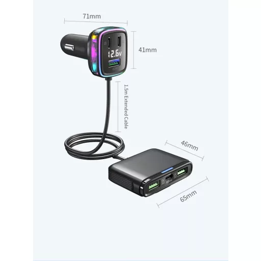 GC05 6 portos USB és USB C Autós Szivargyújtós feszültségmérővel 12/24V 115W