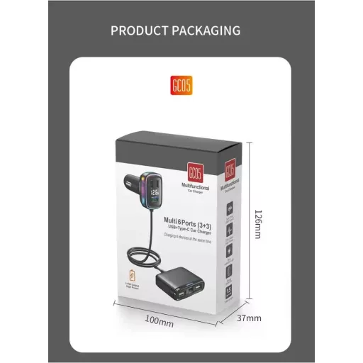 GC05 6 portos USB és USB C Autós Szivargyújtós feszültségmérővel 12/24V 115W
