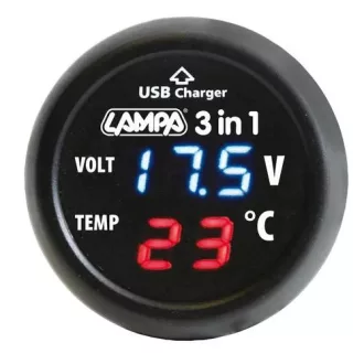   Autós szivargyújtó akkuteszter-hőmérő voltmérő 3 in 1-en 12V/24V USB töltő