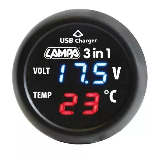 Autós szivargyújtó akkuteszter-hőmérő voltmérő 3 in 1-en 12V/24V USB töltő