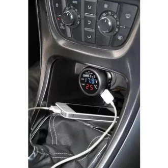   Autós szivargyújtó akkuteszter-hőmérő voltmérő 3 in 1-en 12V/24V USB töltő