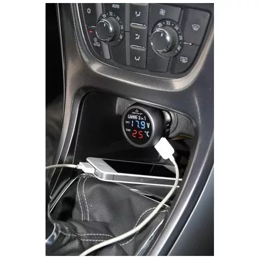Autós szivargyújtó akkuteszter-hőmérő voltmérő 3 in 1-en 12V/24V USB töltő