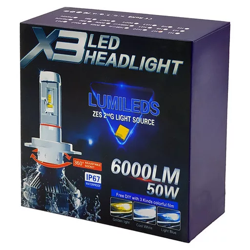 X3, H3 Led Izzó, 6000 LM 9-32V