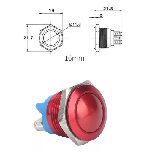 Fém Nyomógomb, Piros, 220V 16mm
