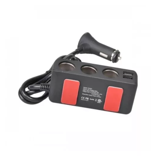 Nagy teljesítményű szivargyújtó elosztó 3-as 12/24V 4 USB csatlakozóval (digitális kijelző)
