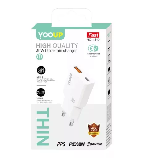 YOOUP 30W Ultra vékony - Dupla hálózati töltő (USB/TYPE-C PD) NC113-D