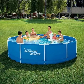   Fémlábas medence 488 cm átmérő, 122 cm magas TERMÉSKŐ mintás, belül KÉK MOZAIK mintás + vízforgató + papírszűrő + létra + aljtak