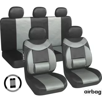   11 részes üléshuzat szett Deréktámasz + Légzsák kompatibilis - fekete-szürke AG28505BG PLUS