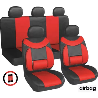   11 részes üléshuzat szett Deréktámasz + Légzsák kompatibilis - piros-fekete AG28505BR PLUS