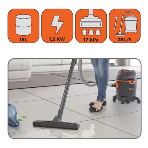 Száraz-nedves porszívó 15L, 1200W, BLACK+DECKER BXVC15PE